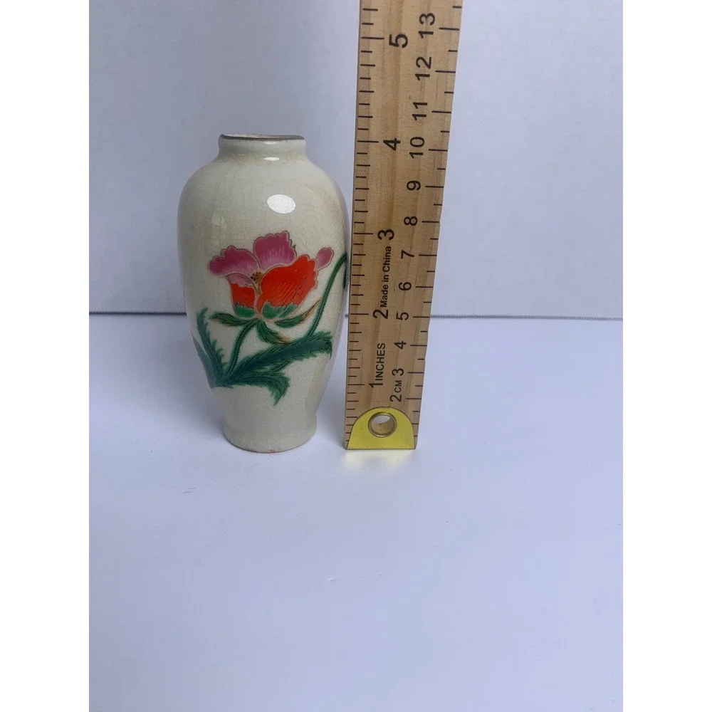 Vintage Homco Miniature Bud Vase Japan Crackle Glaze Floral Pink Orange Poppy 4